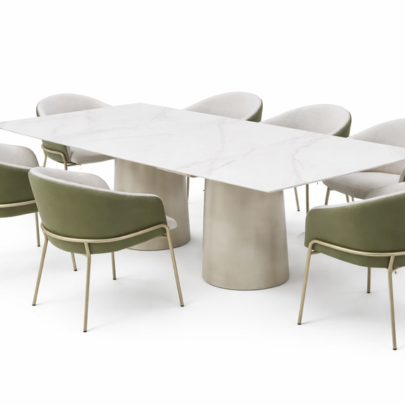 MESA ANATOLE 2 BASES C/ PIEDRA SINTERIZADA + 6 SILLAS ASHLIE TELA Y CUERO